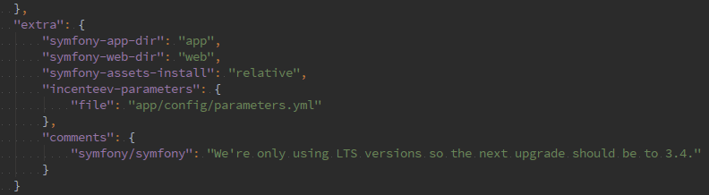 screenshot of a section of composer.json that displays the added comment