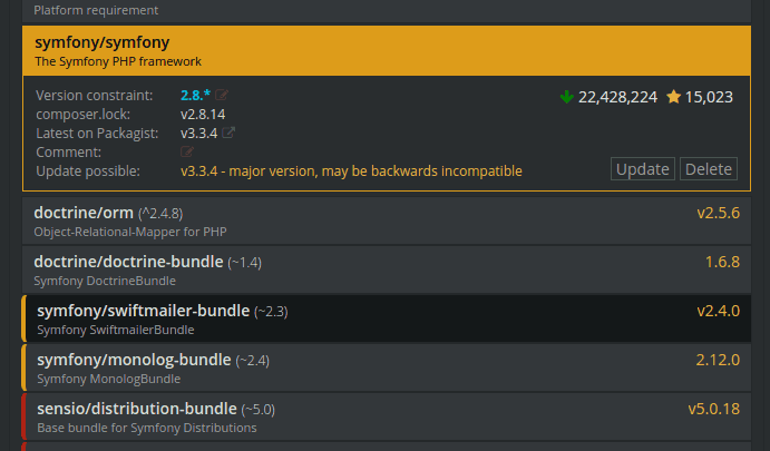 screenshot that displays the color-coding of outdated packages